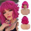 Hot Pink Wig with Bangs Short Bob Wig Pink Wigs for Women Wavy Wig Curly 12Inch Synthetic Wigs Cosplay Wig Bright Pink Wigs Natural Hair Replacement Wigs for Girl Daily Party Colorful Wigs Costume Use