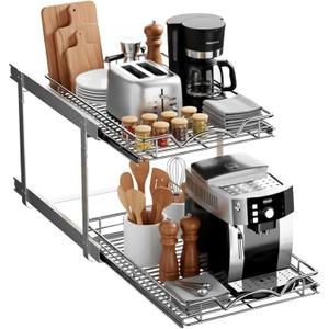 2-Tier Pull-Out Cabinet Organizer with Heavy-Duty Steel Frame, Full-Extension Sliding Shelves, Holds 100 lbs, Easy Install for Kitchen, Pantry & Under Sink Cabinets, 17" W x 21D x 16.5" H