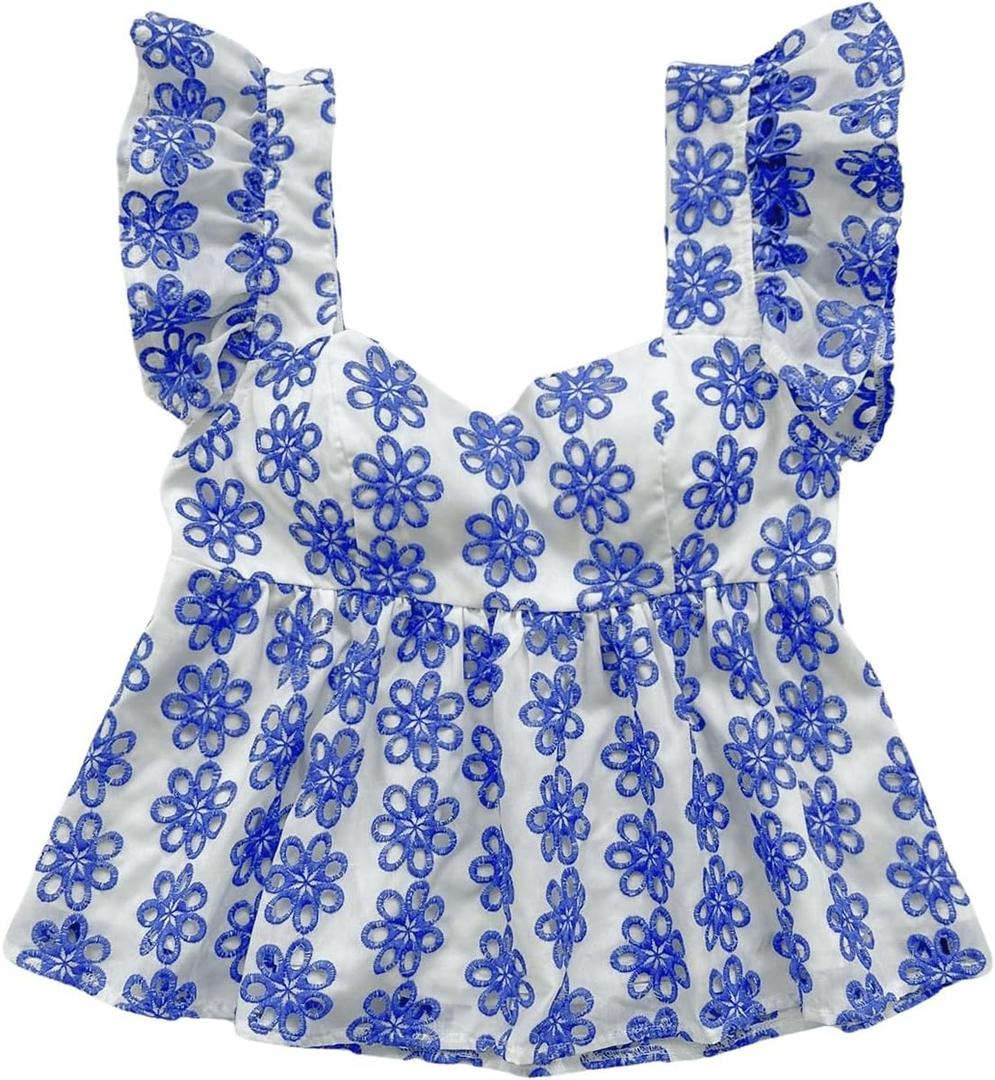 MakeMeChic Women's Floral Ruffle Sleeve Babydoll Shirts Sweetheart Neck Blouse Summer Tops (XL)