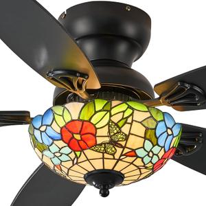 Tiffany Ceiling Fans with Lights - 48" Ceiling Fan Chandelier with 5 Dual-Blades and Glass Shade, 6 Speeds and Reversible, Indoor and Outdoor, Retro Style