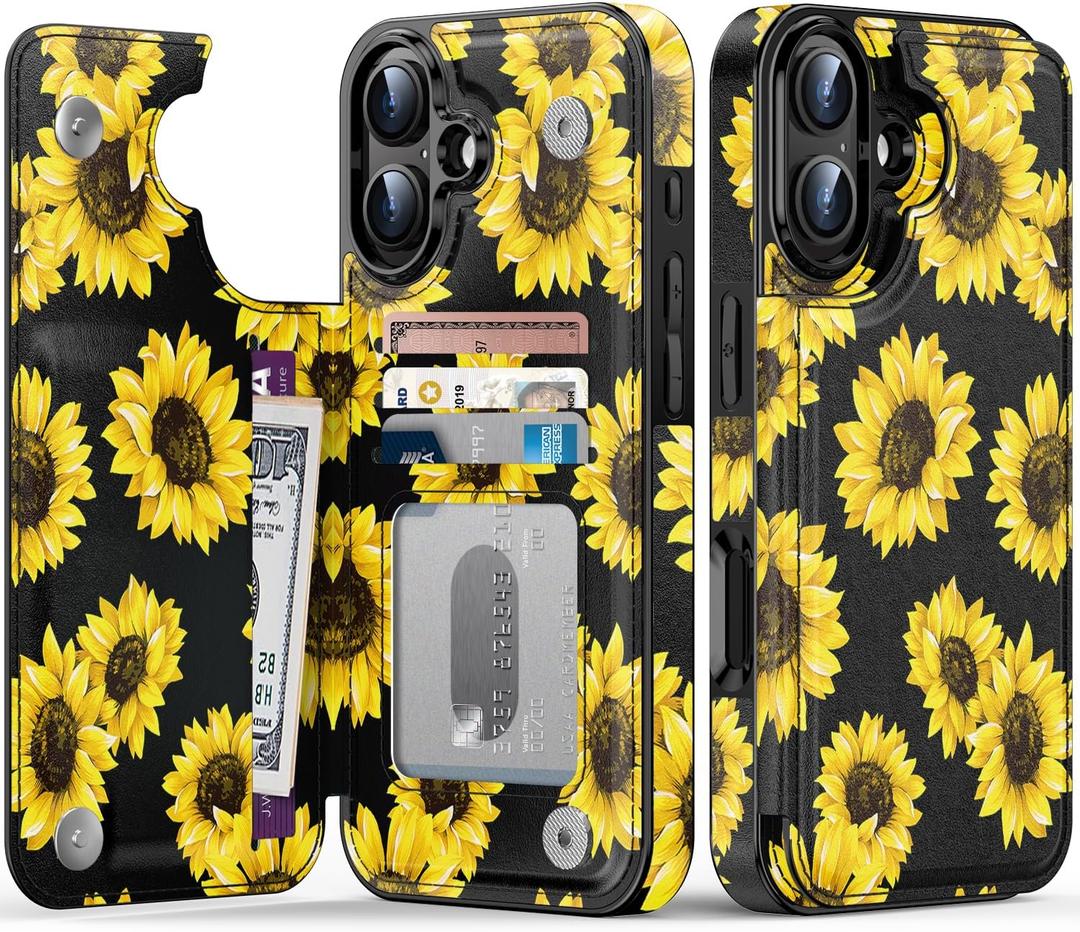 LETO for iPhone 16 Plus Wallet Case - Flip Folio Leather Kickstand - Fashionable Flower Designs - Credit Card Holder - Protective Phone Cover for Women and Girls - 6.7" - Blooming Sunflowers