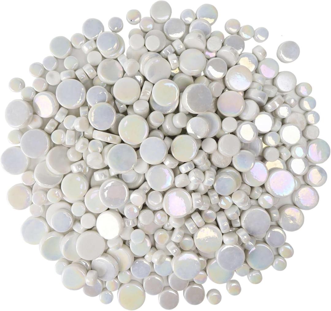 Small Round Iridescent White Mosaic Tiles for Crafts, 300g/150 Pieces Iridescent Glass Penny Round Tiles for Flowerpots, Handmade Home Decor, White