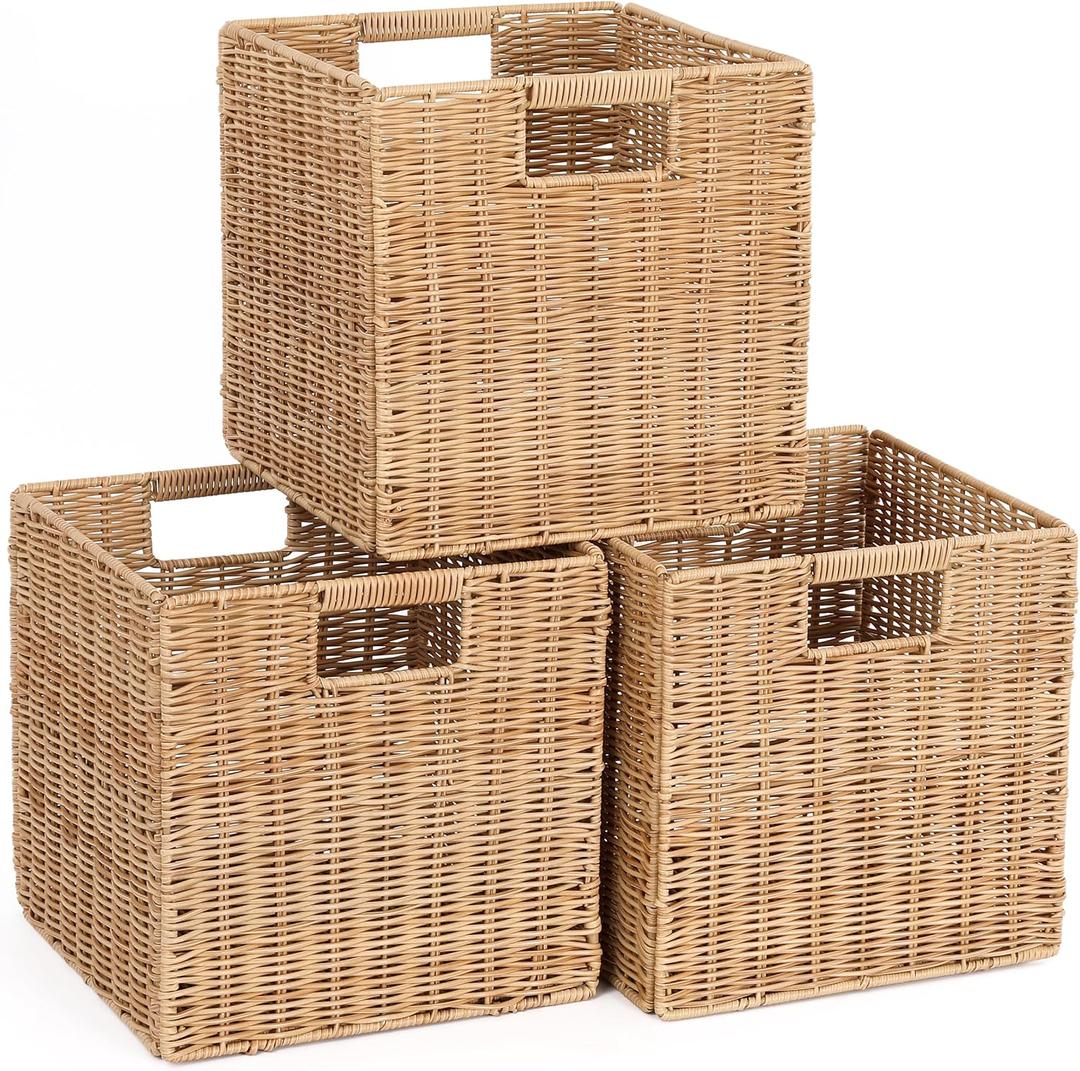 10.5 x 10.5 in Plastic Wicker Baskets for Cube Storage, Collapsible Square Wicker Storage Basket Set of 3, Rattan Storage Cube, Square Baskets for Shelves - Khaki
