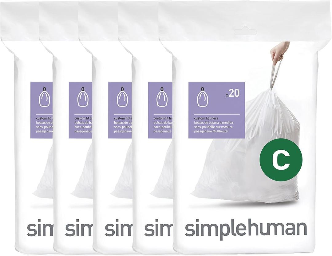 simplehuman Code C 100 Count, Dispenser Packs Custom Fit Liners, Drawstring Trash Bags, 10-12 Liter / 2.6-3.2 Gallon, White
