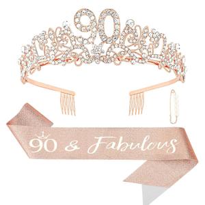 Semato 90th Birthday Decorations for Women- Birthday Crown and Sash Glitter Kit Gifts for Women Party Supplies and Favors (90th)