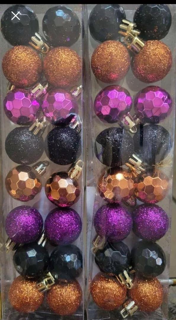 32 Halloween Mardi Gras Mini 1.18" Tree Glitter Ornaments 2 Sets of 16 Orange Black Purple Glittery Ornament Balls in Assorted Colors, 32 Pieces Christmas