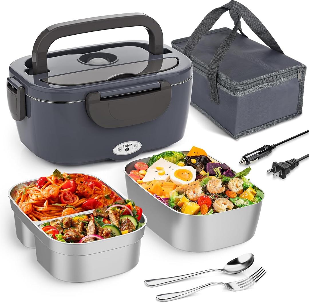 Electric Lunch Box Food Heater 3 in 1 Portable Warmer Leakproof Heated Box for Adults, Heating Microwave for Car/Home with 2 Removable Stainless Steel Container, 12V/24V 110V