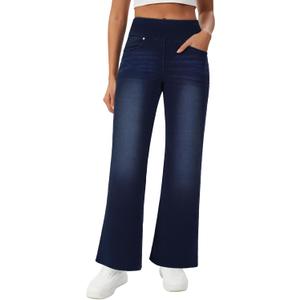Women's High Waisted Jeans Pants Stretchy Pull On Bootcut Flare Jean Leggings with Pockets Wide Leg Casual Trousers, 12