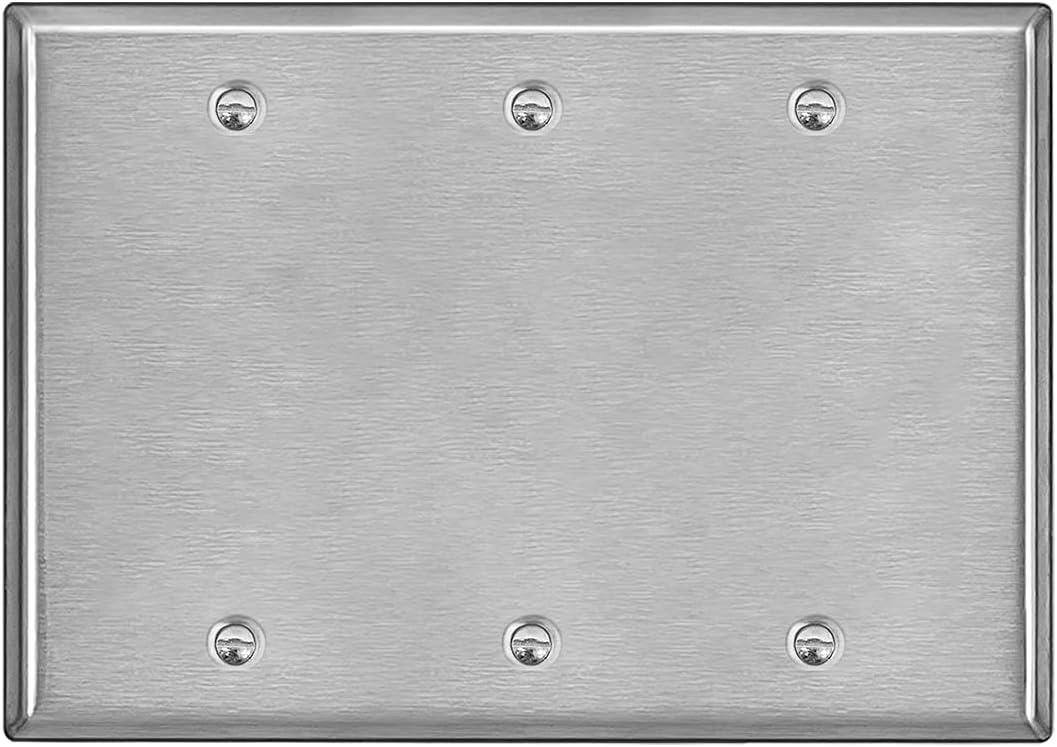 BESTTEN 3-Gang Blank Metal Wall Plate with hite or Clear Plastic Film, Corrosion-Resistant No Device Stainless Steel Outlet Cover, Standard Size, H4.53 x W6.38, Brushed finish