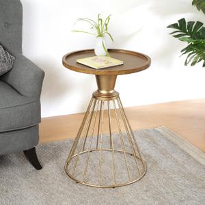 Christopher Knight Home Aurl Hollow Edge End Table, Round Side Table, Wooden Concave Tabletop, Iron Frame Side Desk, No Assembly Needed, Pine Wood Tea Desk for Living Room Home, Gold+Natural, 18.1 inches x 18.1 inches x 25 inches