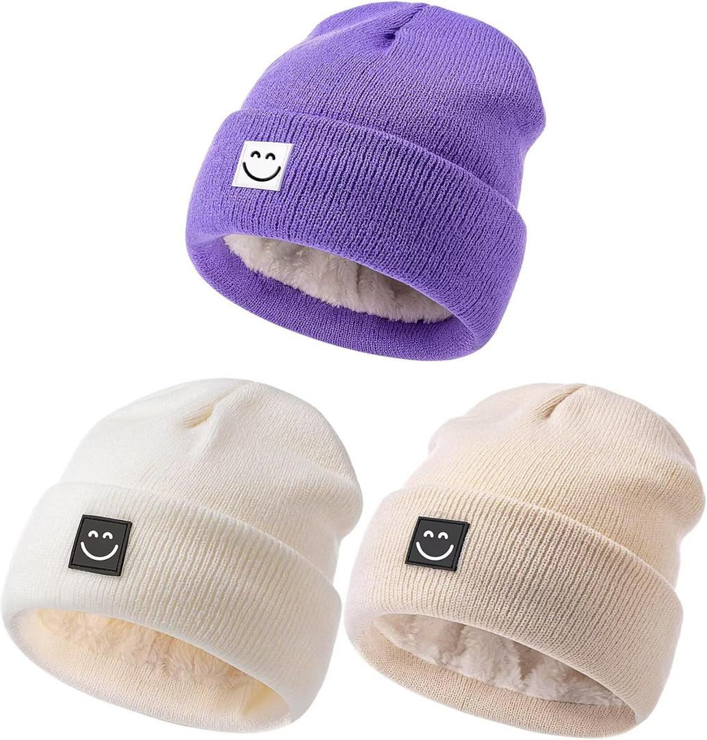 Hispeka Baby Beanie Hat 3 Packs with Cute Smiley Face, Toddler Girls Boys Baby Hats Winter, Kids Winter Hat Cold Weather Beige & White & Purple