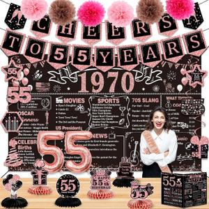 55th Birthday Decorations for Women,24PCS 1970 Banner Decorations,Including Banner,6 Honeycomb Topper,55 Balloons,Cheers to 55 Years Banner,7 Hanging Swirl,6 Paper Poms,Anniversary Card,Sash