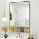 OKPAL 24 x 28 Silver Bathroom Mirror for Wall, Brushed Metal Framed Bathroom Vanity Mirror, Modern Rounded Rectangle Mirror, Anti-Rust (Horizontal/Vertical)