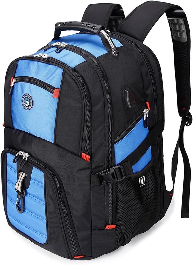 SHRRADOO Extra Large 50L Travel Laptop Backpack with USB Charging Port, College High School Backpack Airline Approved Business Work Bag Fits 17 Inch Computer for Men Women (Blue)