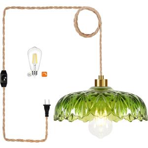 Plug in Pendant Light Hanging Lights with Plug in Cord Boho Hanging Lamp Glass Gold Mid Century Modern Vintage Dimmable Green Flower for Living Room Kitchen