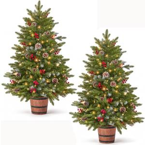 TigeJoy 4FT Flocked Potted Trees, Warm LED Battery Operated, 2-Pack