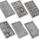 Dntorx Stackable Jewelry Organizer Trays, 6 Set of Velvet Jewelry Drawer Insert Sets Organizer Trays Jewelry Display Case Storage with Removable Dividers for Earring Necklace Rings BraceletGray
