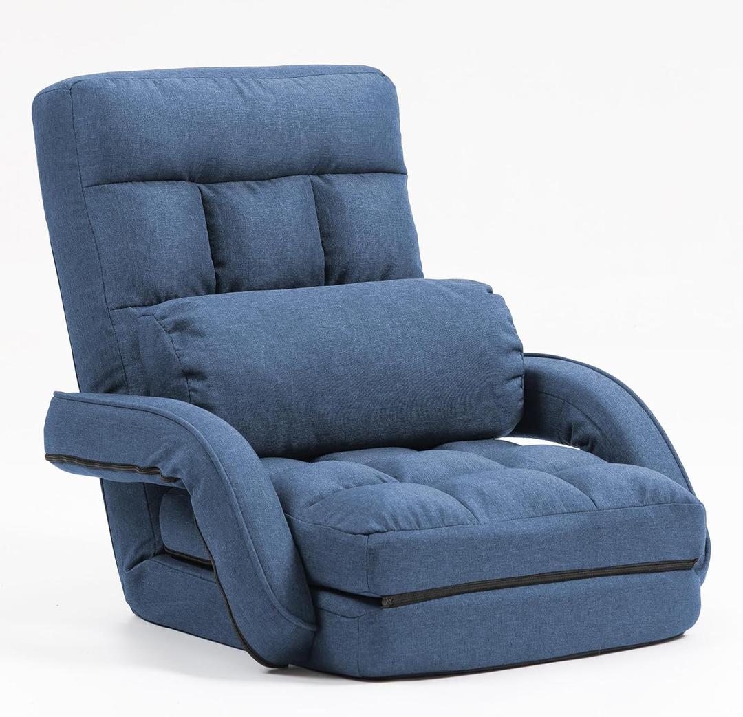 Indoor Floor Chair with Armrest and Pillow Folding Chaise Lounge Sofa 14-Position Adjustable Comfy Gaming Recliner Chair Padded Seats for Adults (Blue03)