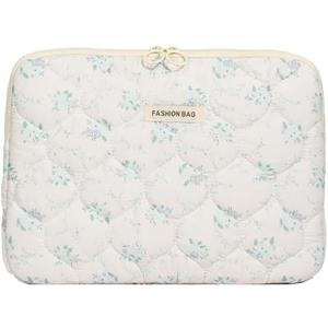 Fairycore Laptop Case for Women Floral Carrying Tablet Bag Cover Puffy Quilted Computer Liner Bag 11-15.6 Inch (13-14 Inch,White)