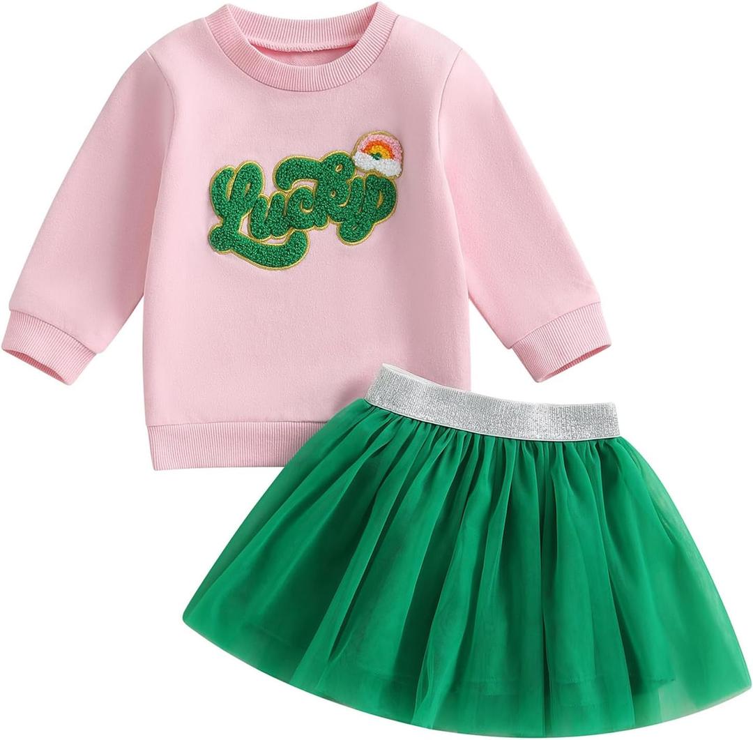 Kayotuas Toddler Baby Girl St Patricks Day Outfit Lucky Charm Sweatshirt and Tulle Tutu Skirts Set Cute Infant Irish Clothes (5-6 Years, Pink Lucky Rainbow)