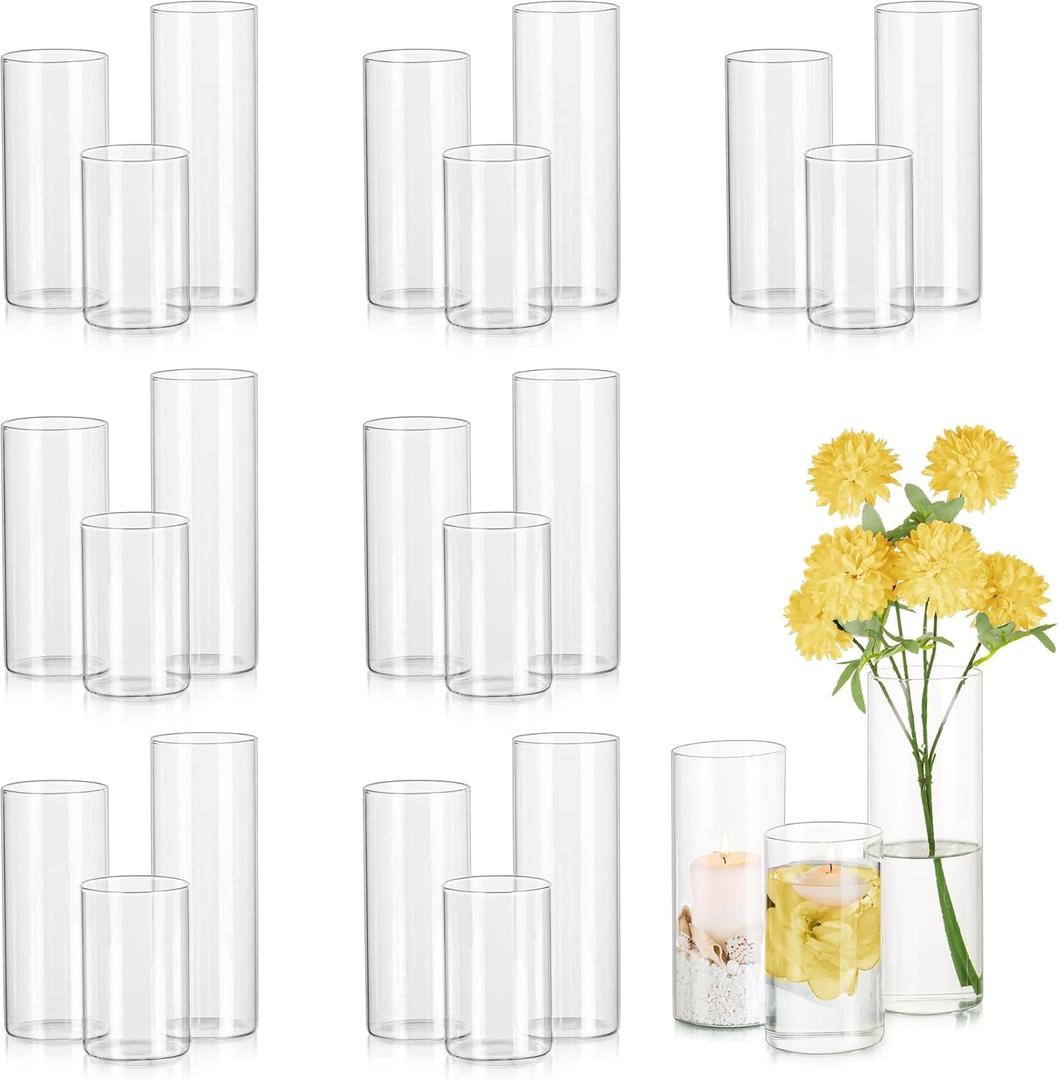 Glasseam Clear Cylinder Vases Set, 24Pcs Glass Vases for Centerpieces Bulk, Modern 2" Floating Candle Centerpieces for Decor, Hurricane Candle Holders for Wedding Table Decorations, Tall 4"+6"+8"