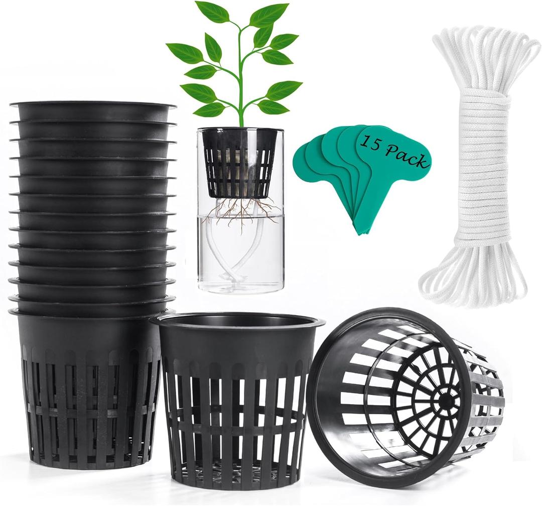 ORIMERC 4 inch 15 Pack Net Cups Pots, with 15 feet Self Watering Rope, 15 Plant Labels, for Hydroponics Aquaponics Kratky Orchid Vegetable Indoor Outdoor Growing Baskets Nursery Slotted Mesh BPA Free (Black)