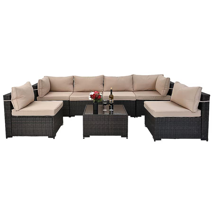 UPHA Rattan Patio Sofa Conversation Set with Beige Cushions