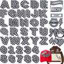 Meneng Letters and Numbers Patches for Racing: 82 Pcs Iron On Checkered Letters with Car Patches - Embroidered Flag Lightning Patch for Jacket Hat Customization