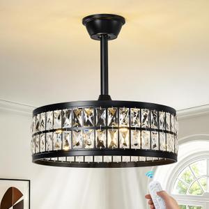 Black Caged Ceiling Fan with Light and Remote 19 Inch Modern Crystal Fandelier Ceiling Fan with Light Semi Flush Mount Farmhouse Chandelier Fan Light for Bedroom Kitchen Living Room, Small