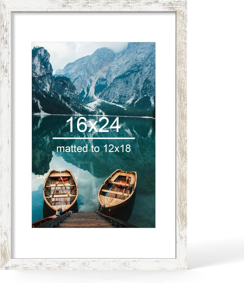 Hongkee 16x24 Frame, Distressed White Wood Style - Display Posters 12 x 18 with Mat or 16x24 without Mat, Wall Mounting Horizontal and Vertical, 1 Pack