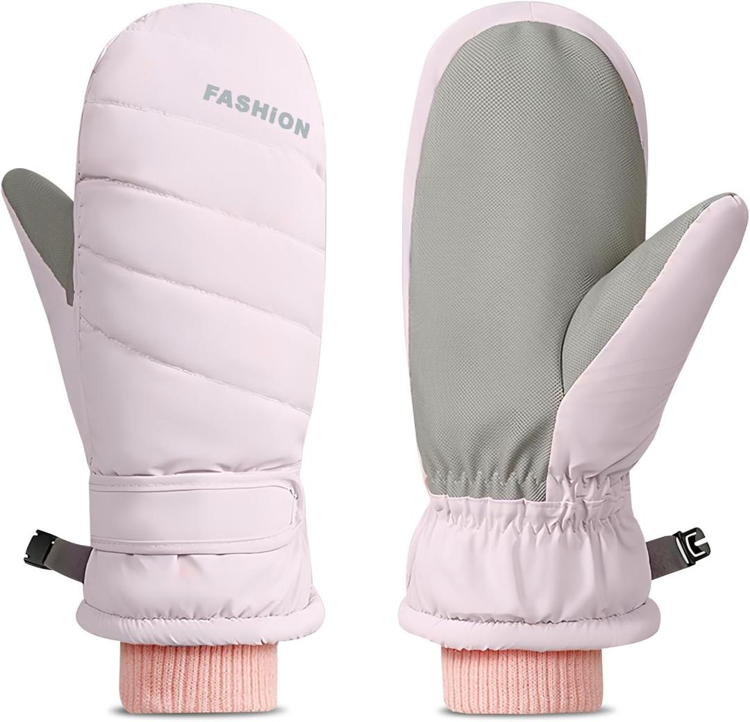 Winter Women Ski Mittens, Waterproof Touch Screen Snow Mitts, Anti Slip Warm Windproof Snowboard Gloves for Skiing Hiking Cycling (Pink)
