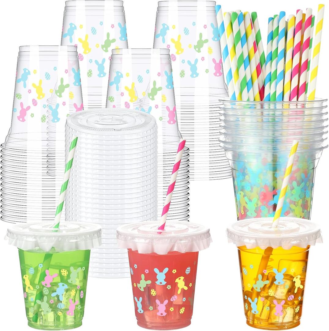 Qinyoung 14 oz Easter Cups with Lids Straws and Liners Bunny Plastic Disposable Rabbit Eggs Cups Bulk Easter Eggs Party Cups for Spring Easter Party Supplies Beverage Cold Drinking