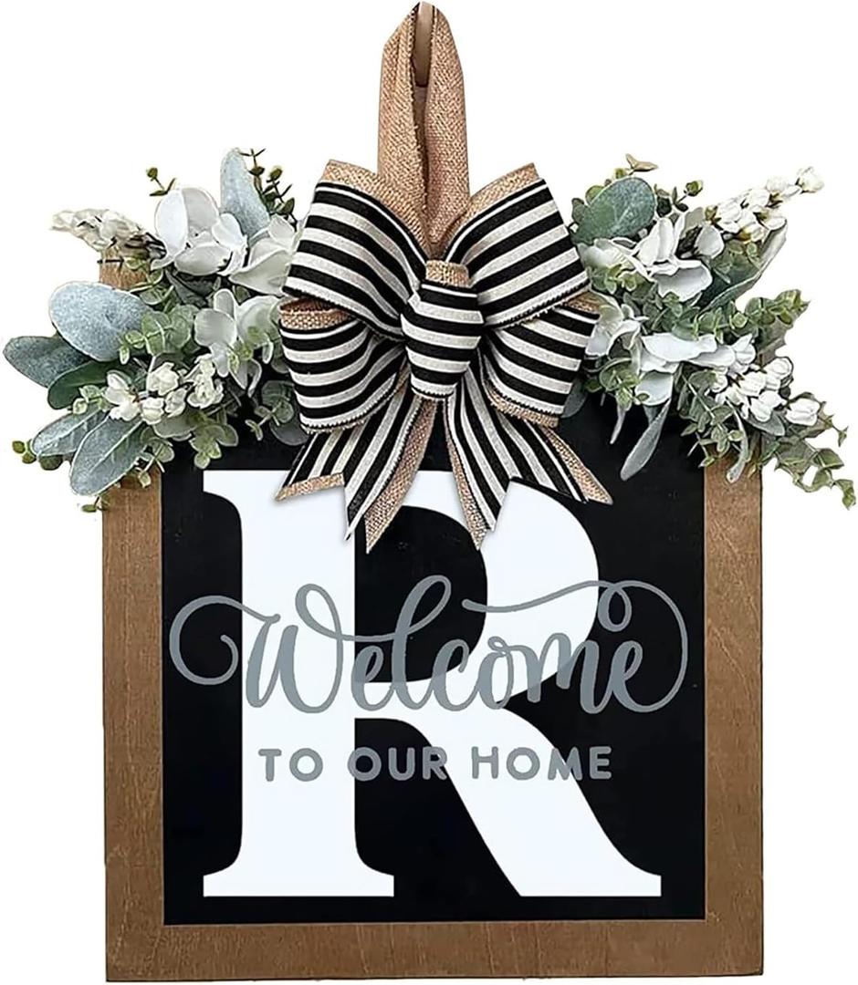 Last Name Year Round Front Door Wreath Front Porch Decoration 26 Letter Welcome Sign with Eucalyptus Garland and Bow Spring Wreaths for Front Door Outside Hanger GarlandR