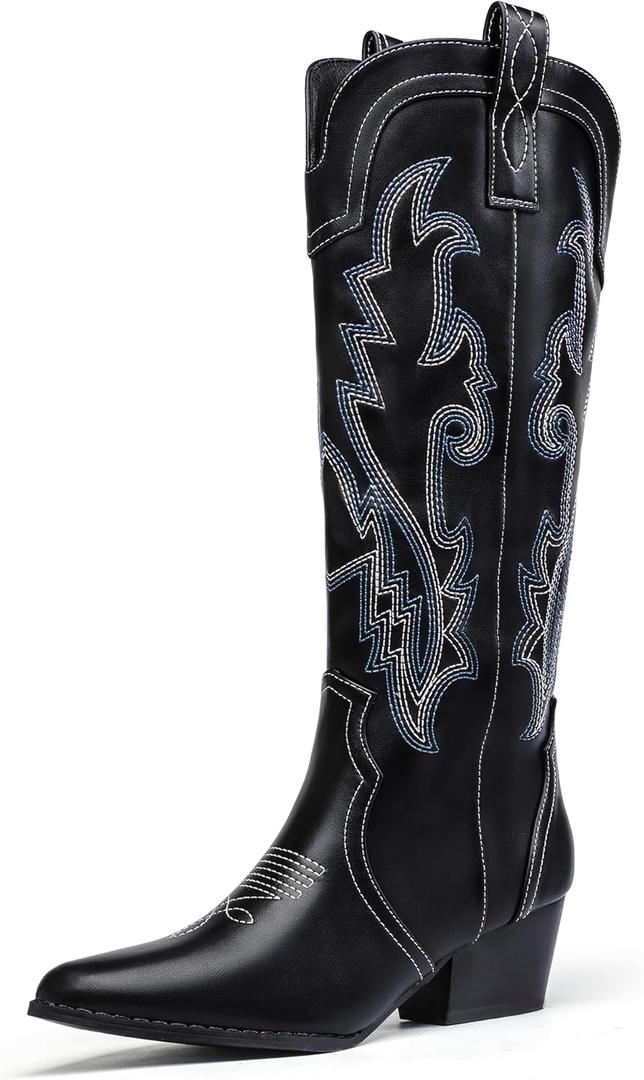 IDIFU IN2 Cowboy Boots For Women Cowgirl Knee High Western Tall Boots Chunky Low Pointed Toe Heel Boots Fashion Booties for Women Embroidered Wedding Country Concert Boots (7, Black)