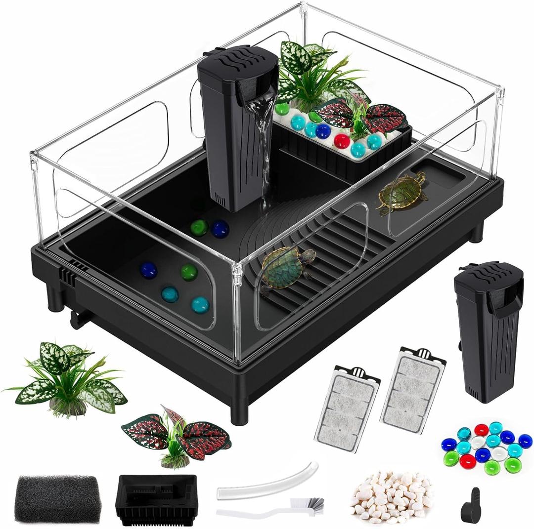 GOZILLA Small Turtle Tank with Filter, Acrylic Aquarium Turtle Tank Starter Kit with Multi-Functional Areas for Turtles, Hermit Crabs, Crayfish, Small Reptiles. (Black)