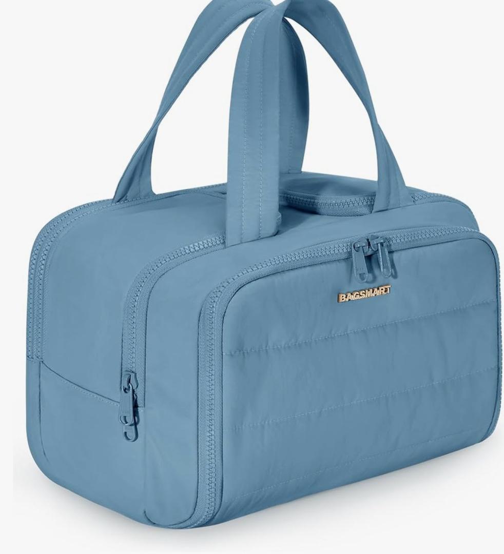 BAGSMART Travel Toiletry Bag, Puffy Toiletry Bag for Women, Wide-open toiletry bags for traveling, Large Travel Cosmetic Makeup Bag Organizer for Accessories,Toiletrie (Steel Blue)