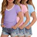 Custoneei 3 Pack Girls Short Sleeve Tees, 3-Color, 11-12 Years
