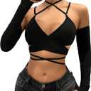 SHENHE Women's Criss Cross Strappy Wrap Crop Top Long Sleeve Halter Sexy Going Out Tshirt (Black)