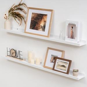 Solid Ash Wood Picture Ledge Shelf, 36 Inch Floating Shelves with Lip Set of 2, Photo Ledge Shelf Nursery Bookshelf Wall Mounted for Living Room Bedroom Decor, White