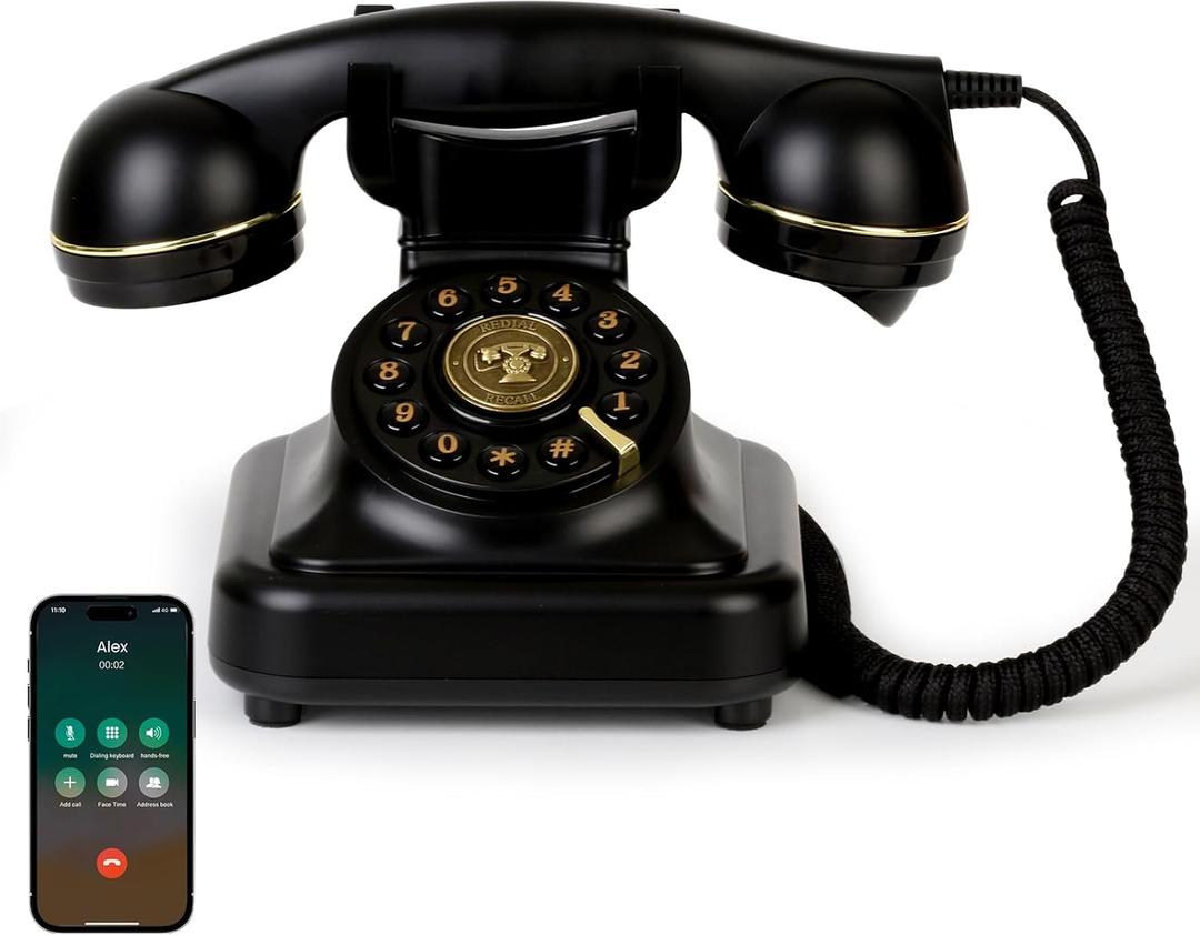 Vintage Bluetooth Phone, Retro Desk Telephone with Gold Accents, Loud Nostalgic Ringtones, Bluetooth Connects to Smartphone for Home & Office, Black