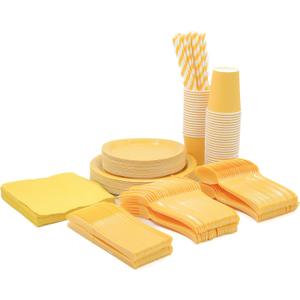 DX DENGXUAN 400-Piece Yellow Party Set,Disposable Paper Plates Cups Plastic Spoons and Fork Knives Blue Napkin,Suitable for 50 Guests,Disposable Party Tableware Set,Wedding Birthday Party
