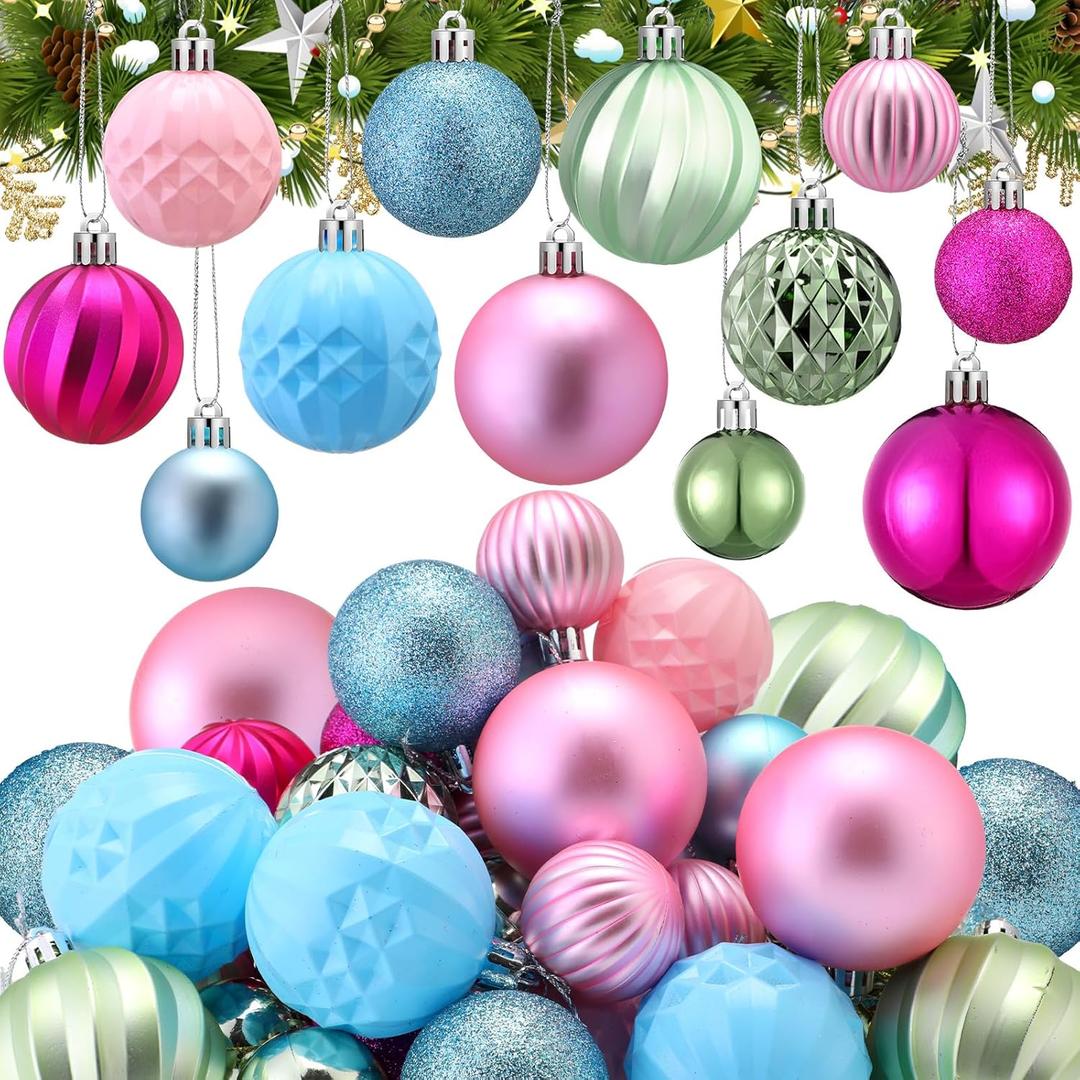 Syhood 64 Pcs Macaron Christmas Ornaments for Tree Colorful Ball Decorations Candy Glitter Balls Pink Blue Green Hanging Decor Assorted Size Party Indoor Decor 1.6/1.97/2.4 Inch for Party Home