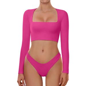 Cyanstyle Womens Double Lined Long Sleeve Crop Tops Shirts Square Neck Tight Fitted Going Out T-Shirt Neon Rose Red S