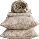 Vintage Beige Floral Sheets, Queen Size 100% Cotton Percale Shabby Flower Patterned Chic Bed Sheet Set, Soft Crisp Deep Pocket Fitted Sheet, Luxury Aesthetic Toile Farmhouse Bedding, 4Pcs