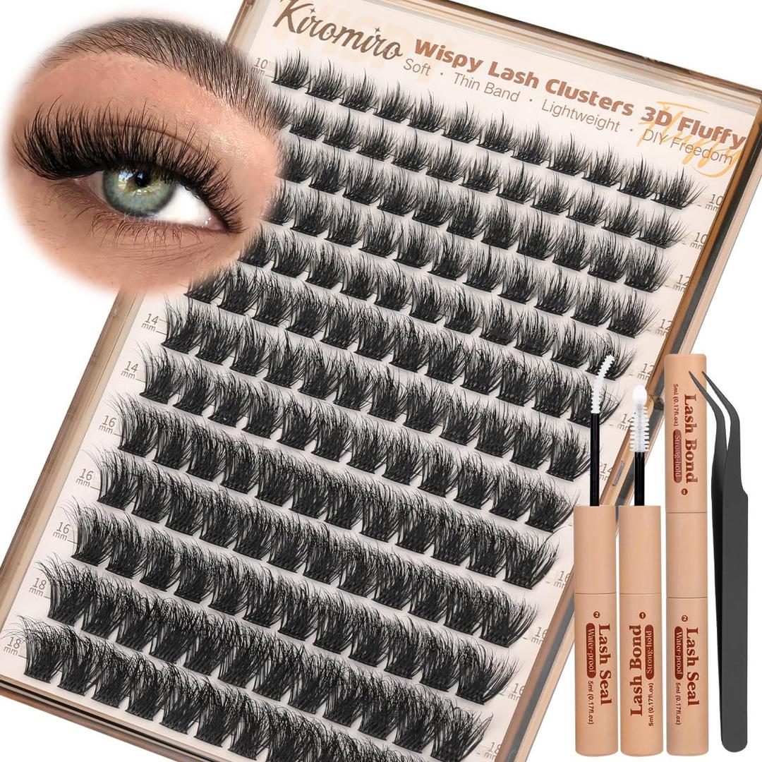 Kiromiro Wispy Lash Clusters Kit Fluffy Eyelashes Extension 10-18mm Volume Lash Clusters with Clear Bond and Seal 156pcs Thin Band Cluster Lashes Kit for Beginner