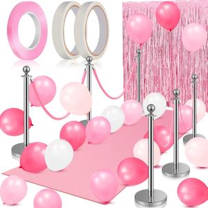 Beeveer 76 Pcs Carpet Runner for Party Set 1 Floor Runner 2 Double Sided Tape 6 Stanchion Post 4 Velvet Carpet Ropes 2 Foil Fringe Backdrop Curtains 60 Balloon 1 Ribbon for Valentine Party(Pink)