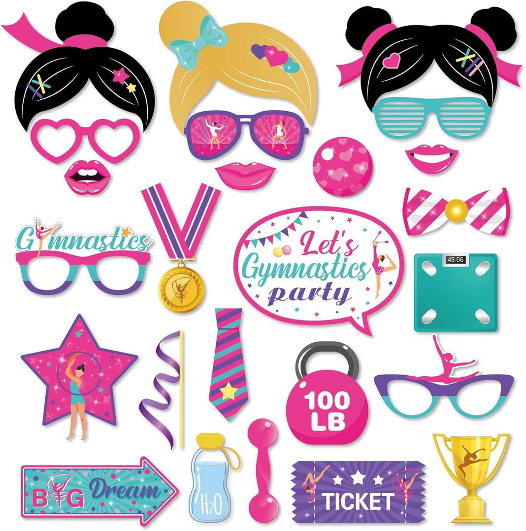 2 x 25PCS Gymnastics Photo Booth Props Set  Pink & Purple Paper Letter Print Selfie Props with Sticks for Gymnast Birthday Parties, Little Girl Themed Events & Photo Booth Decorations