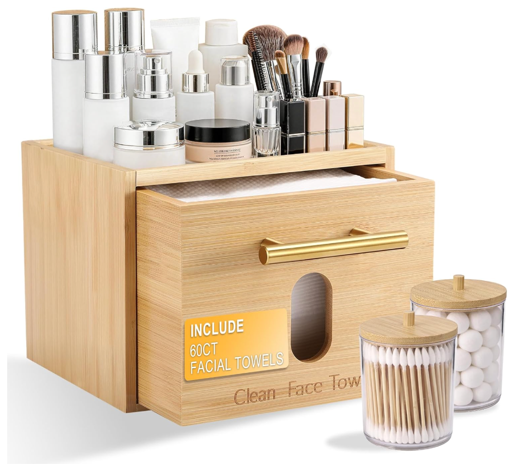 BSSN Face Towel Holder Bamboo Disposable Clean Towels Holder with Cotton Swab Box and 60ct Towels, Wall Mounted & Countertop Skincare Organizer, Bathroom Vanity Storage for Face Tissues & Makeup Pads