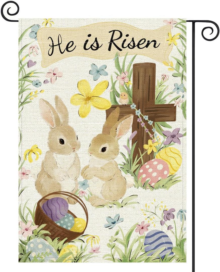He Is Risen Easter Garden Flag for Outside, 12x18 Inch Double Sided Spring Flags with Bunnies Flowers Cross, Easter Gifts Yard Decoration Flag for Outdoor Garden, Patio, Porch