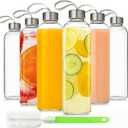 18oz Glass Juice Bottles with Lids Carry Strap, Reusable Glass Water Bottle BPA Free Leakproof Wide Mouth Smoothie Tea Coffee Cold Brew Storage Refrigerator Safe, 6 Pack